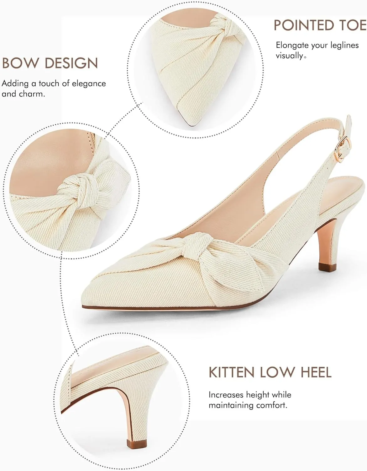 Coutgo Womens Bow Heels Slingback Pumps Low Kitten Heels Closed Pointed Toe Sandals Denim Dress Shoes