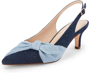 Coutgo Womens Bow Heels Slingback Pumps Low Kitten Heels Closed Pointed Toe Sandals Denim Dress Shoes