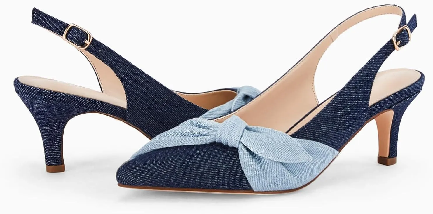 Coutgo Womens Bow Heels Slingback Pumps Low Kitten Heels Closed Pointed Toe Sandals Denim Dress Shoes