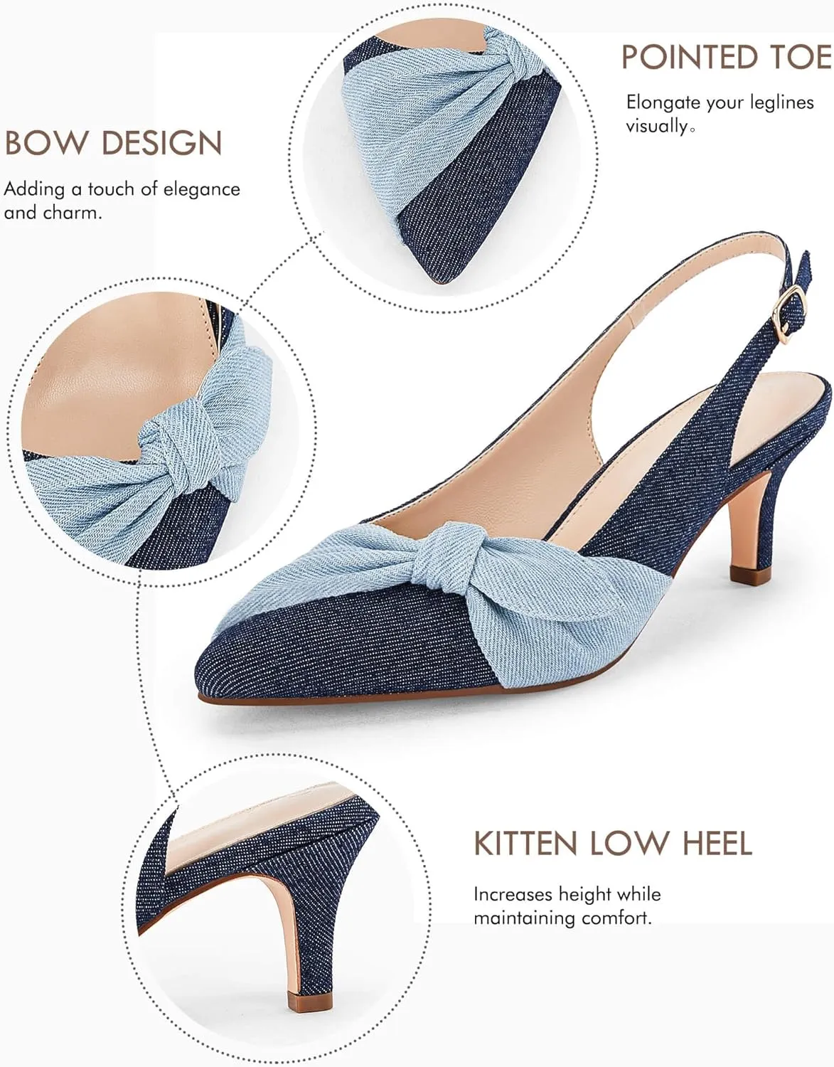 Coutgo Womens Bow Heels Slingback Pumps Low Kitten Heels Closed Pointed Toe Sandals Denim Dress Shoes