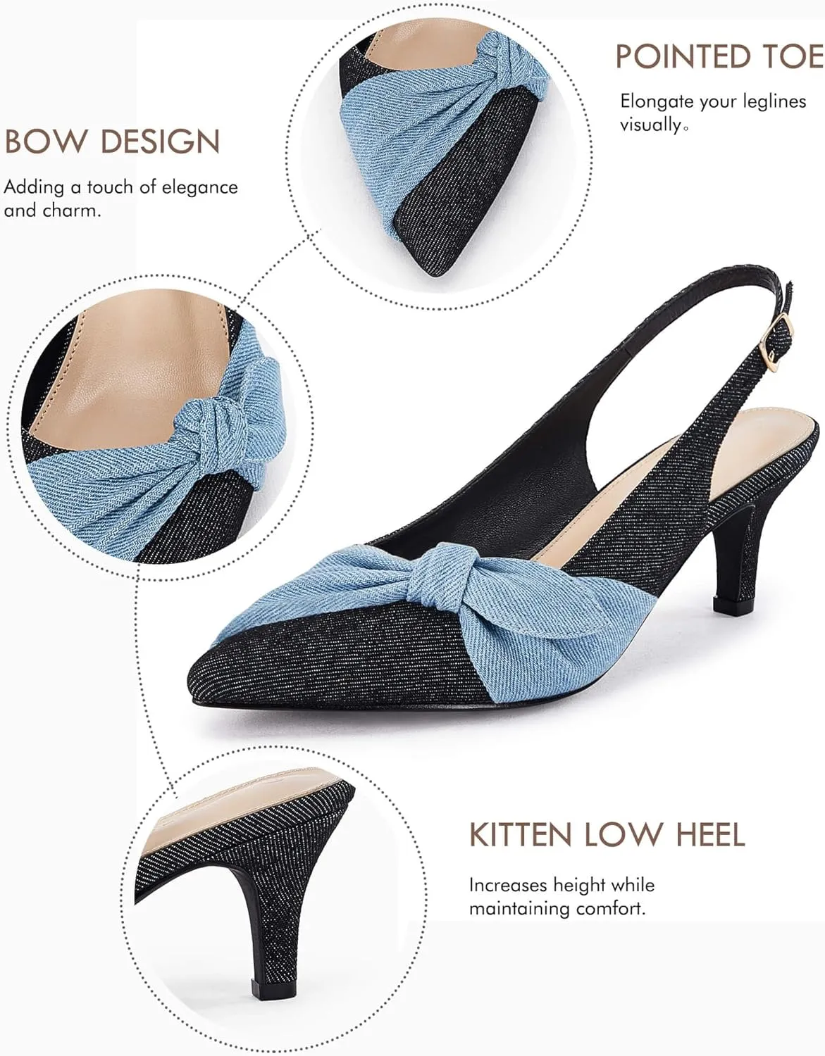 Coutgo Womens Bow Heels Slingback Pumps Low Kitten Heels Closed Pointed Toe Sandals Denim Dress Shoes