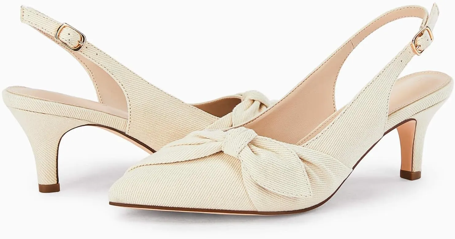 Coutgo Womens Bow Heels Slingback Pumps Low Kitten Heels Closed Pointed Toe Sandals Denim Dress Shoes