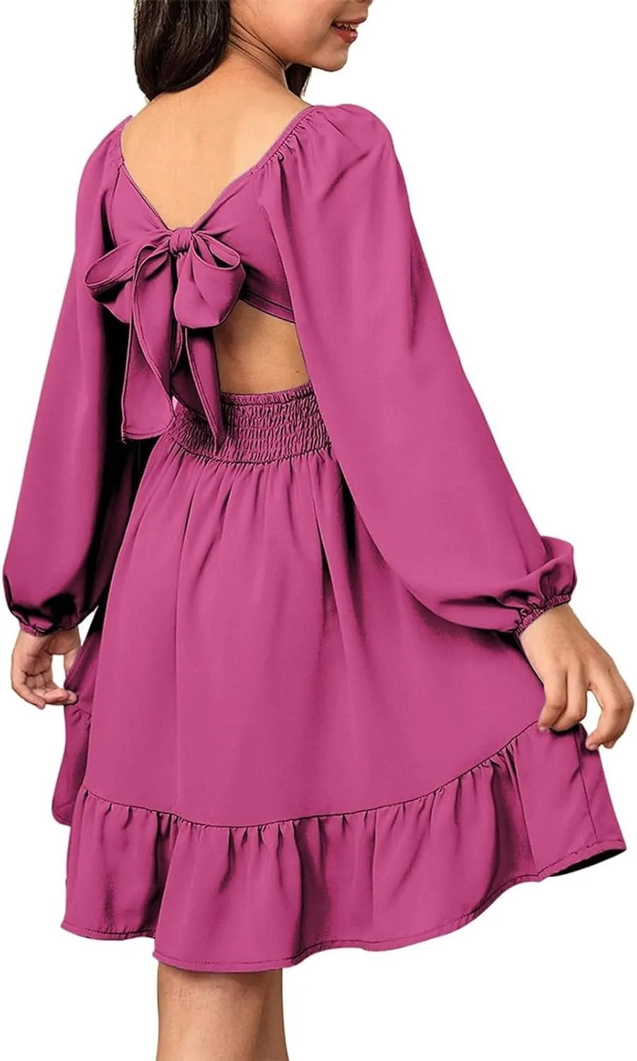 Girls Long Sleeve Tie Back Dresses Teenage Spring and Fall Strapless Fashion Elegant Dresses 4-15 Years