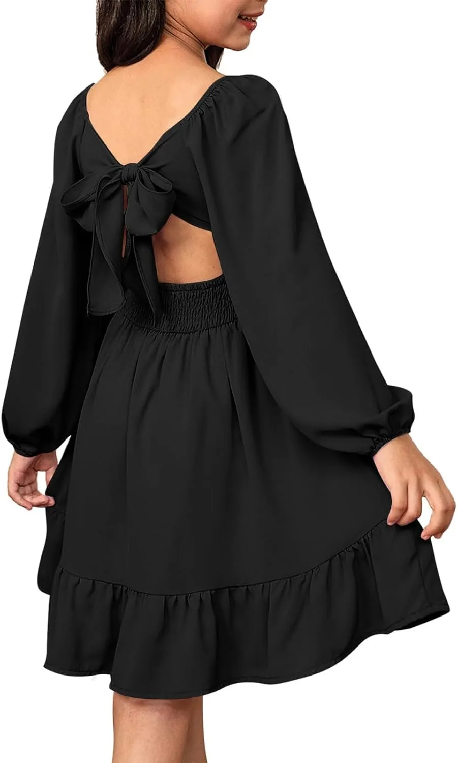 Girls Long Sleeve Tie Back Dresses Teenage Spring and Fall Strapless Fashion Elegant Dresses 4-15 Years