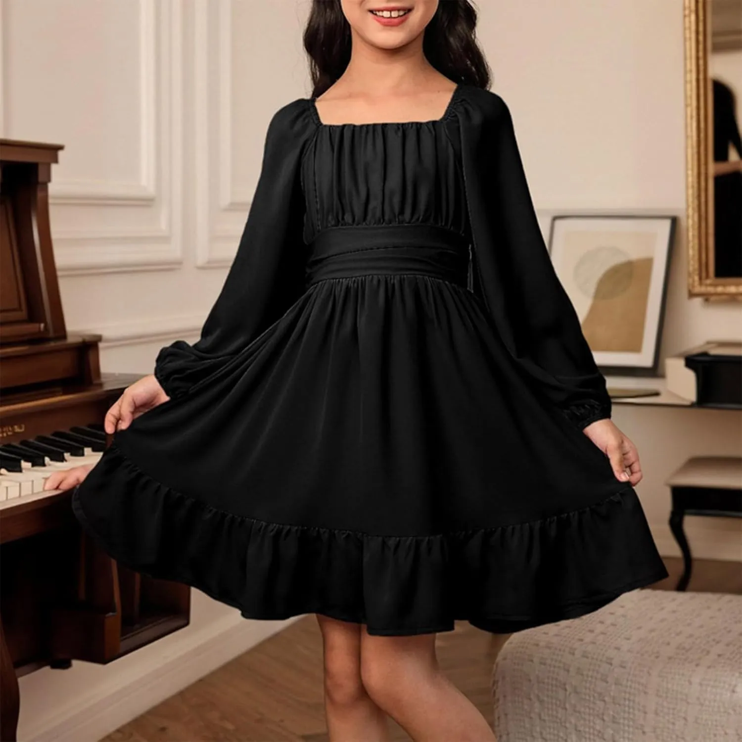 Girls Long Sleeve Tie Back Dresses Teenage Spring and Fall Strapless Fashion Elegant Dresses 4-15 Years