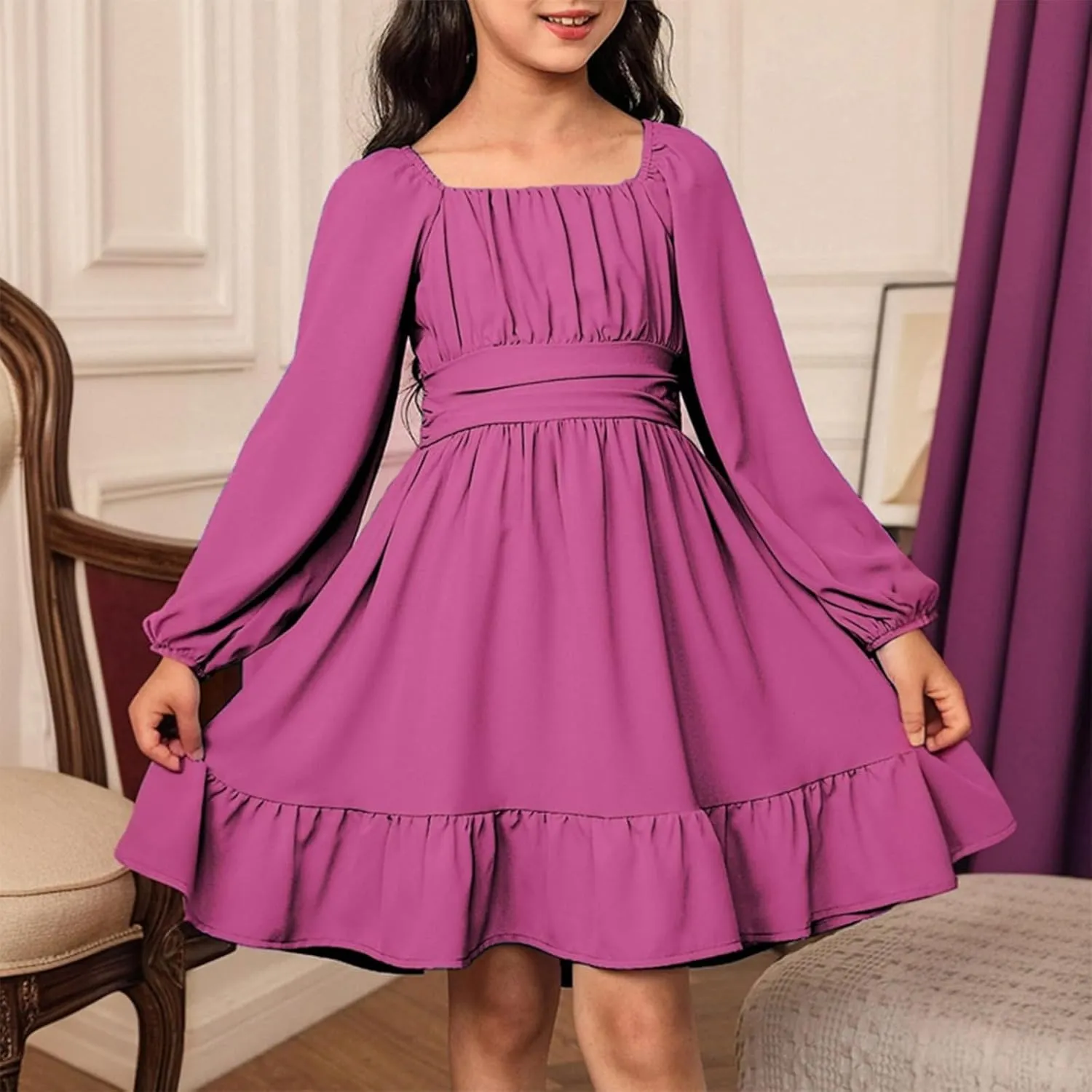 Girls Long Sleeve Tie Back Dresses Teenage Spring and Fall Strapless Fashion Elegant Dresses 4-15 Years