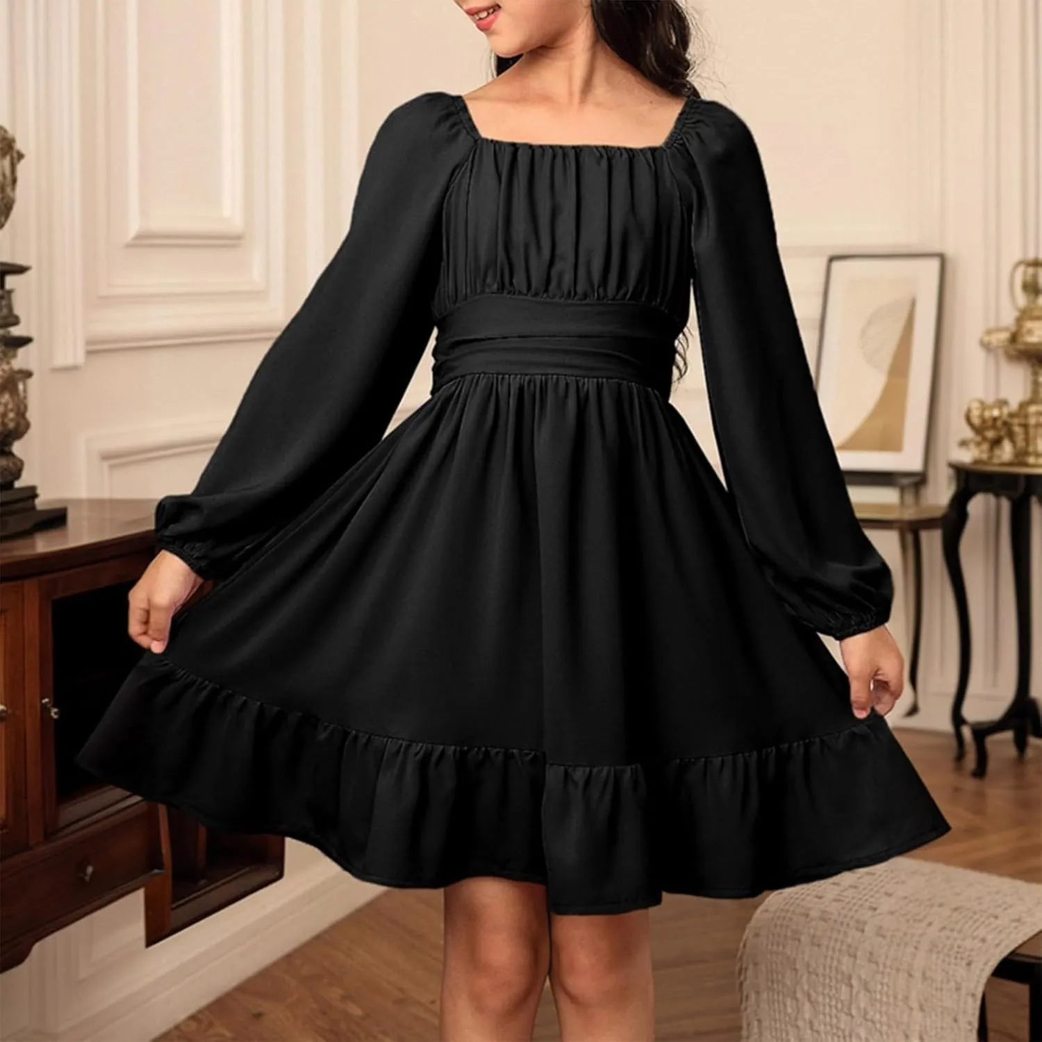 Girls Long Sleeve Tie Back Dresses Teenage Spring and Fall Strapless Fashion Elegant Dresses 4-15 Years