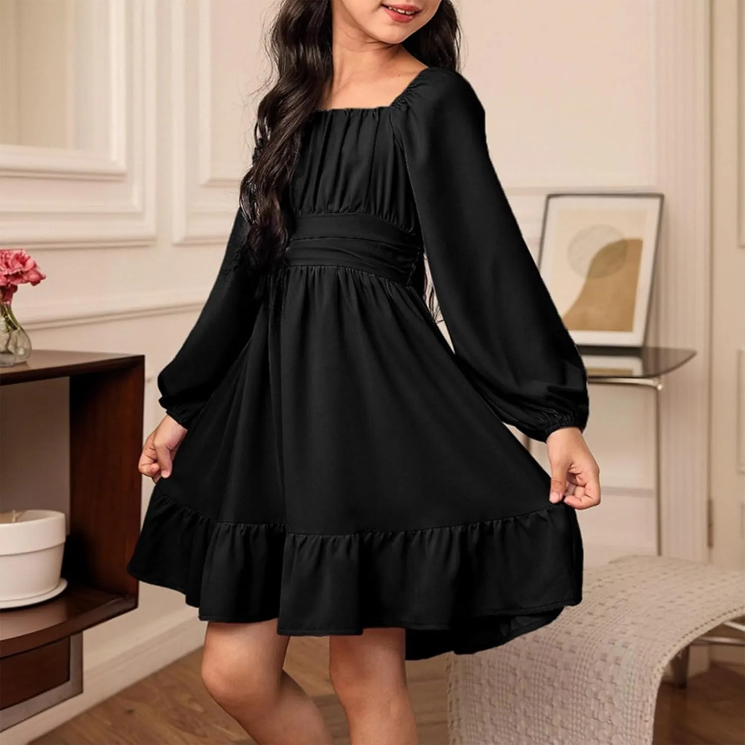 Girls Long Sleeve Tie Back Dresses Teenage Spring and Fall Strapless Fashion Elegant Dresses 4-15 Years