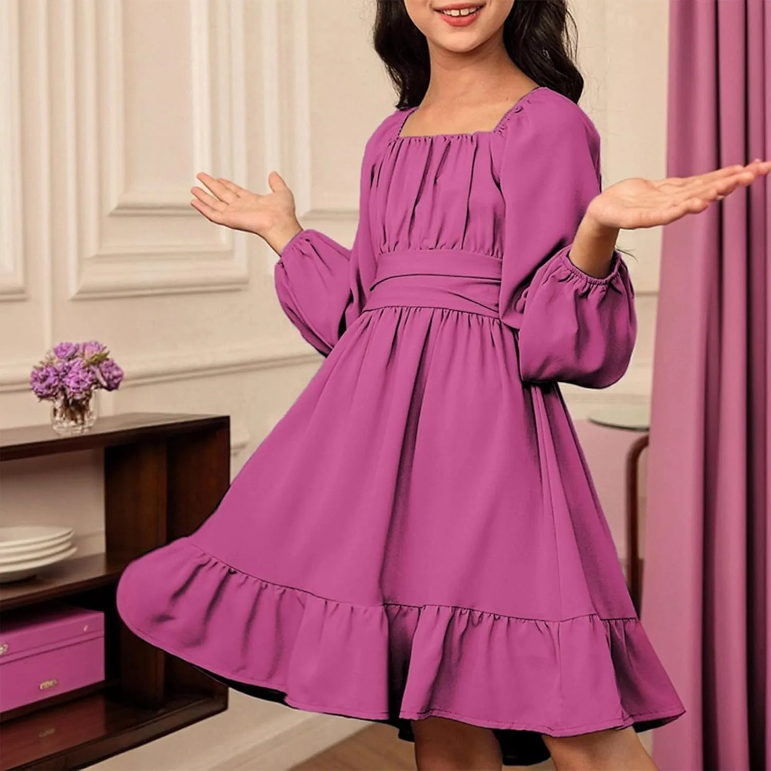 Girls Long Sleeve Tie Back Dresses Teenage Spring and Fall Strapless Fashion Elegant Dresses 4-15 Years