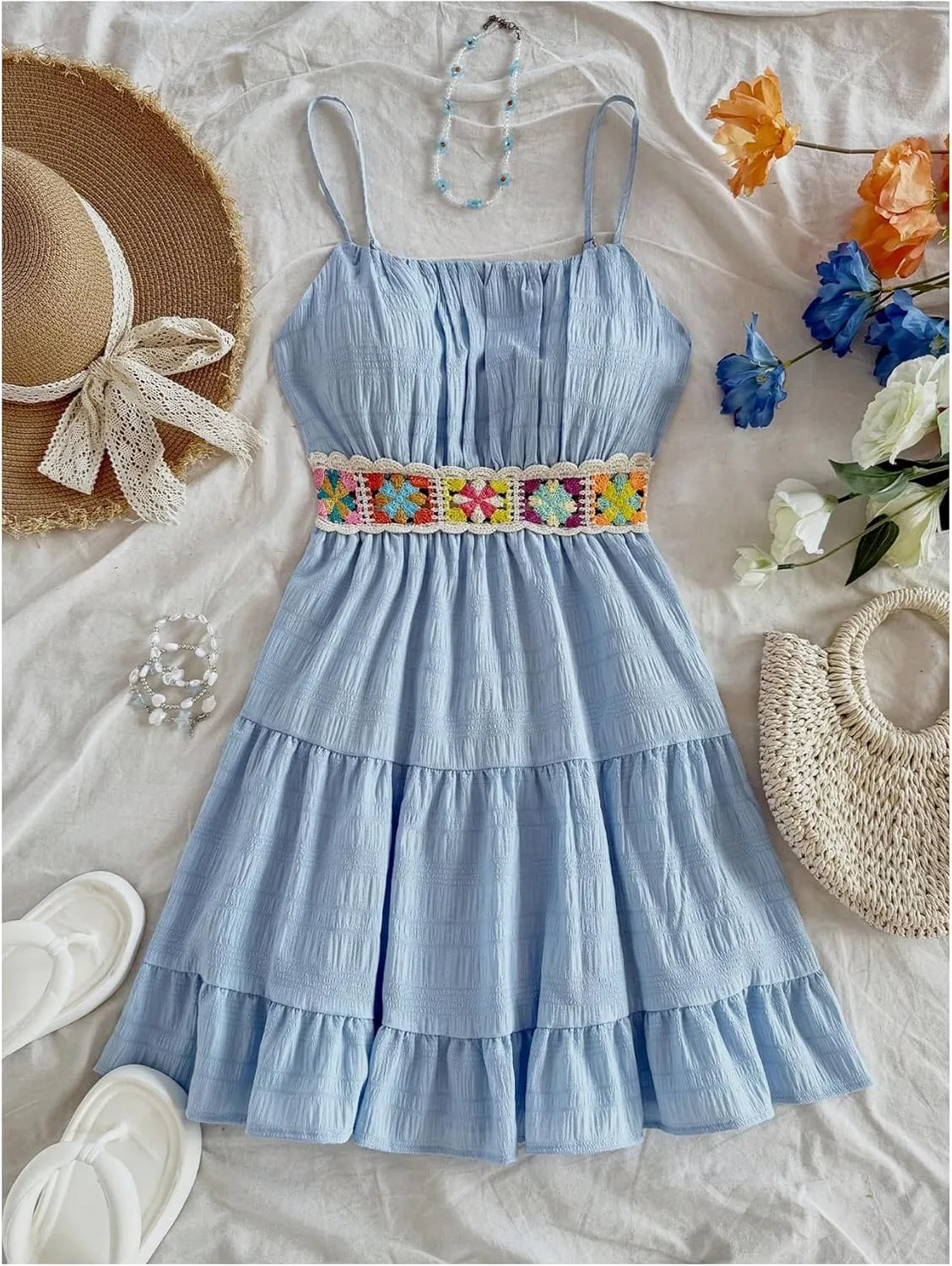 MakeMeChic Women's Floral Crochet Shirred Mini Dress Spaghetti Strap A Line Cami Dresses