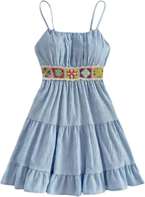 MakeMeChic Women's Floral Crochet Shirred Mini Dress Spaghetti Strap A Line Cami Dresses