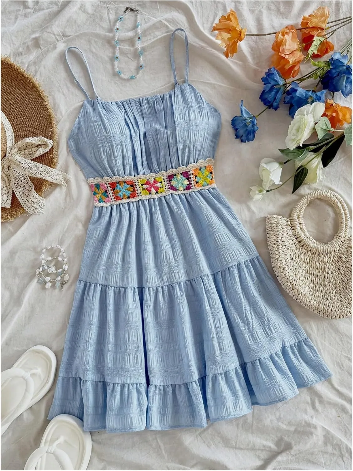 MakeMeChic Women's Floral Crochet Shirred Mini Dress Spaghetti Strap A Line Cami Dresses