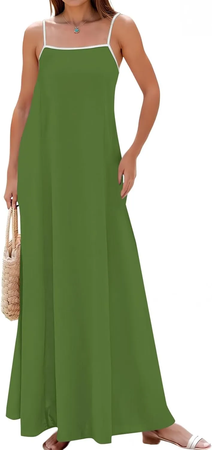 Maxi Dresses for Women 2025 Sleeveless Adjustable Spaghetti Straps Long Dress Summer Loose Flowy Boho Beach Sundress