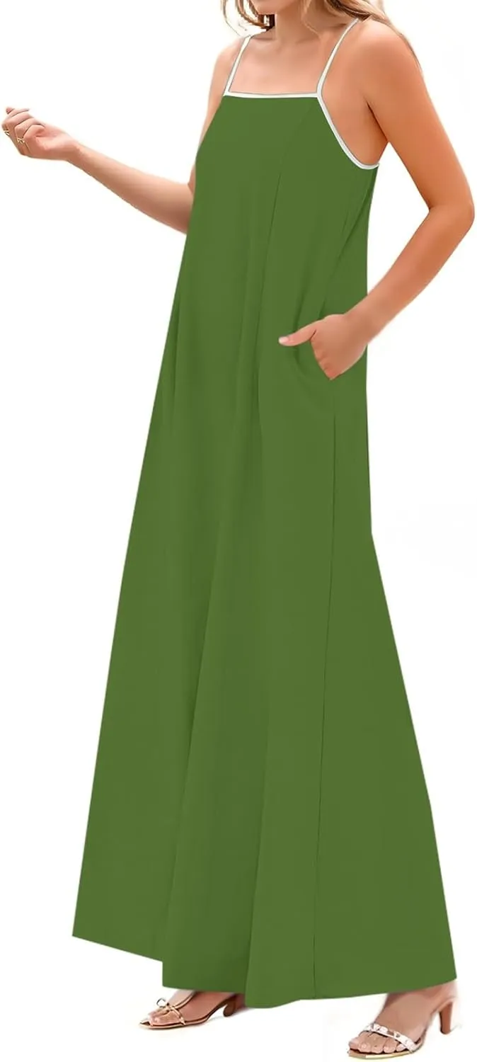 Maxi Dresses for Women 2025 Sleeveless Adjustable Spaghetti Straps Long Dress Summer Loose Flowy Boho Beach Sundress