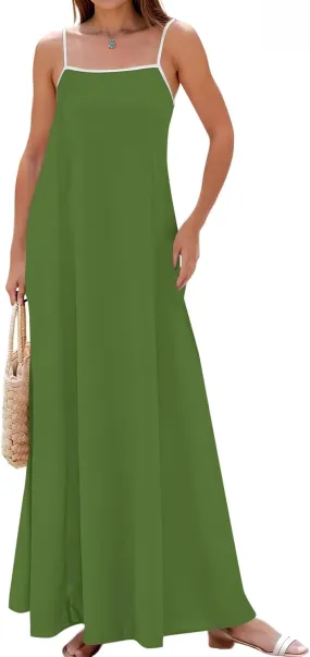 Maxi Dresses for Women 2025 Sleeveless Adjustable Spaghetti Straps Long Dress Summer Loose Flowy Boho Beach Sundress