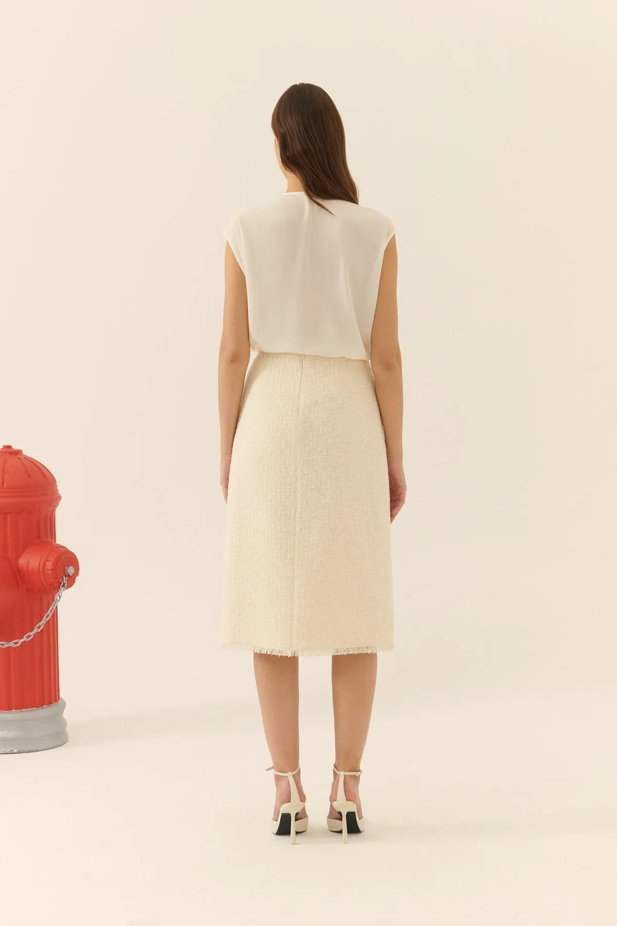 Roman Pocket Detailed Midi Tweed Skirt Off White
