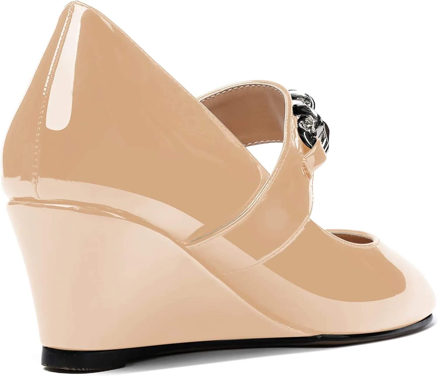WAYDERNS Women's Slip-on Patent Lace Up Metal Chain Square Toe Mary Jane Wedge Low Heel Pumps Shoes 2 Inch