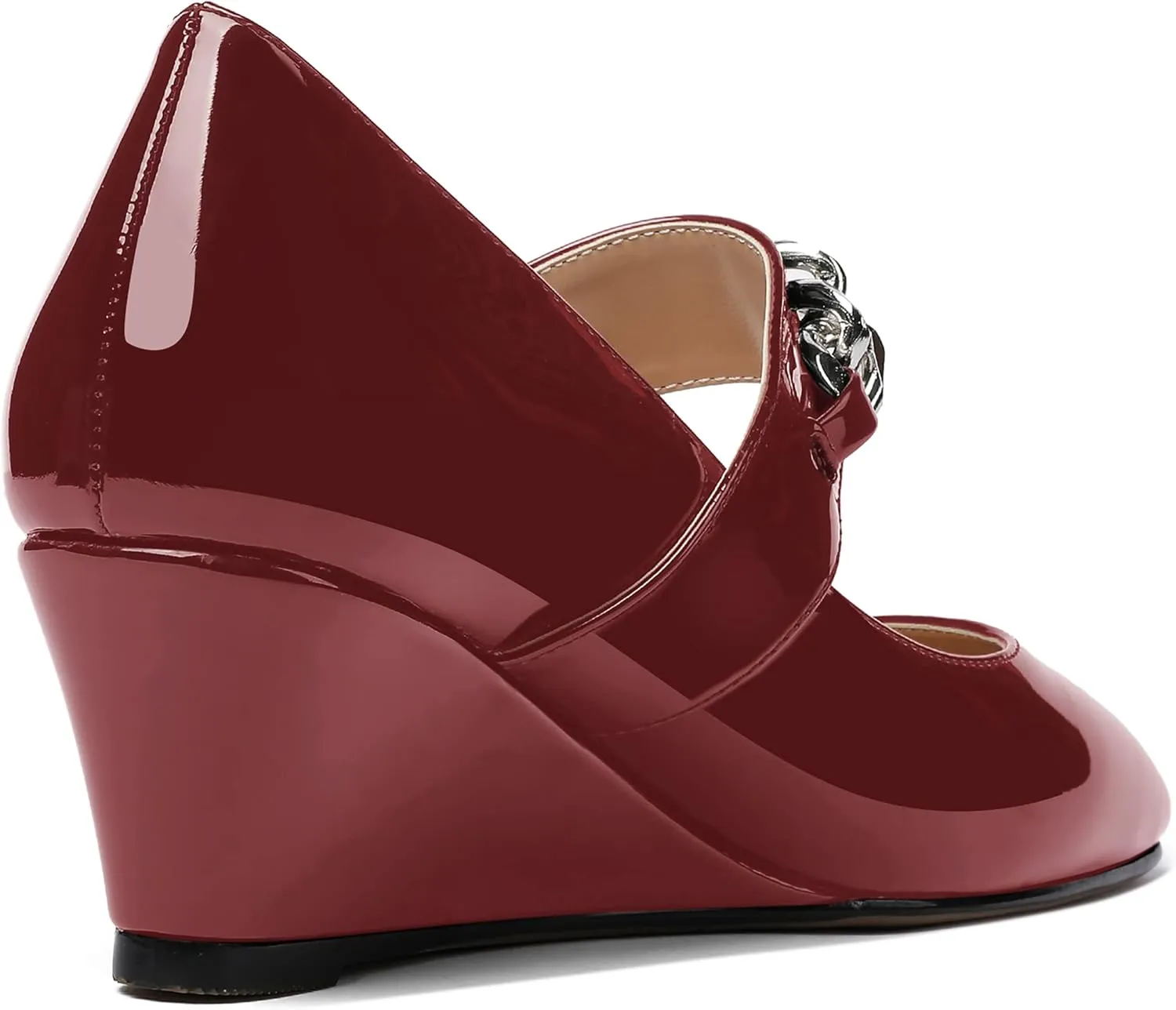 WAYDERNS Women's Slip-on Patent Lace Up Metal Chain Square Toe Mary Jane Wedge Low Heel Pumps Shoes 2 Inch