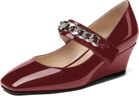 WAYDERNS Women's Slip-on Patent Lace Up Metal Chain Square Toe Mary Jane Wedge Low Heel Pumps Shoes 2 Inch