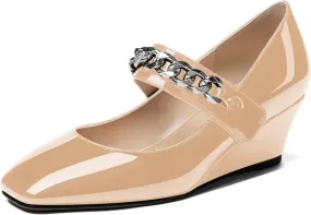WAYDERNS Women's Slip-on Patent Lace Up Metal Chain Square Toe Mary Jane Wedge Low Heel Pumps Shoes 2 Inch