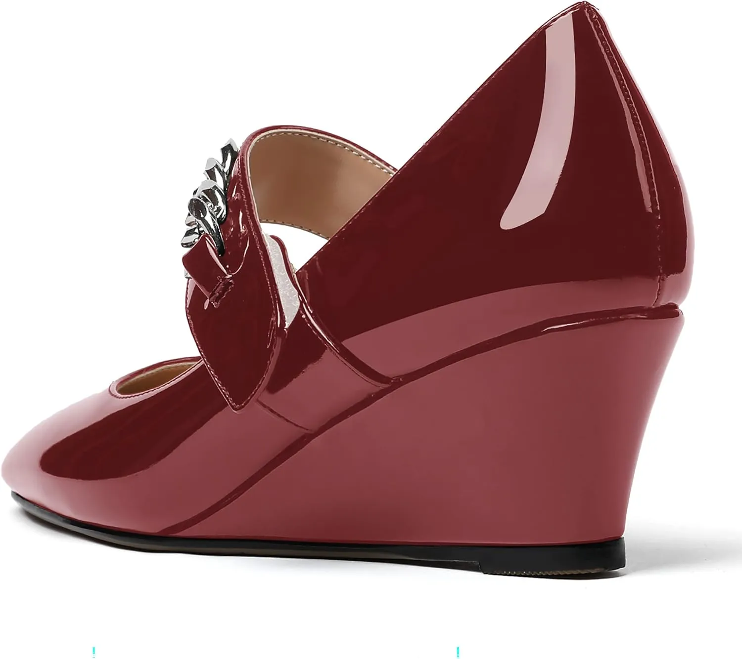 WAYDERNS Women's Slip-on Patent Lace Up Metal Chain Square Toe Mary Jane Wedge Low Heel Pumps Shoes 2 Inch
