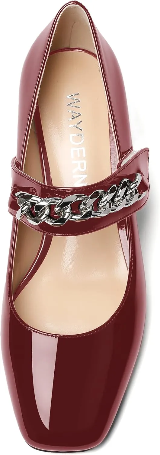 WAYDERNS Women's Slip-on Patent Lace Up Metal Chain Square Toe Mary Jane Wedge Low Heel Pumps Shoes 2 Inch