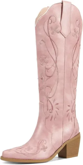 wetkiss Cowboy Boots for Women Knee High Cowgirl Boots, Western Boots with Floral Embroidered Pointed Toe Chunky Heel Pull On Retro Vintage Classic Tall Boots for Ladies