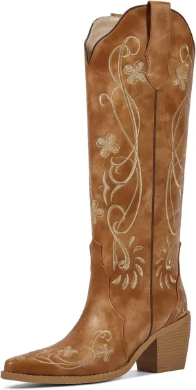 wetkiss Cowboy Boots for Women Knee High Cowgirl Boots, Western Boots with Floral Embroidered Pointed Toe Chunky Heel Pull On Retro Vintage Classic Tall Boots for Ladies