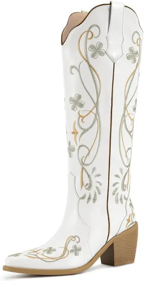 wetkiss Cowboy Boots for Women Knee High Cowgirl Boots, Western Boots with Floral Embroidered Pointed Toe Chunky Heel Pull On Retro Vintage Classic Tall Boots for Ladies