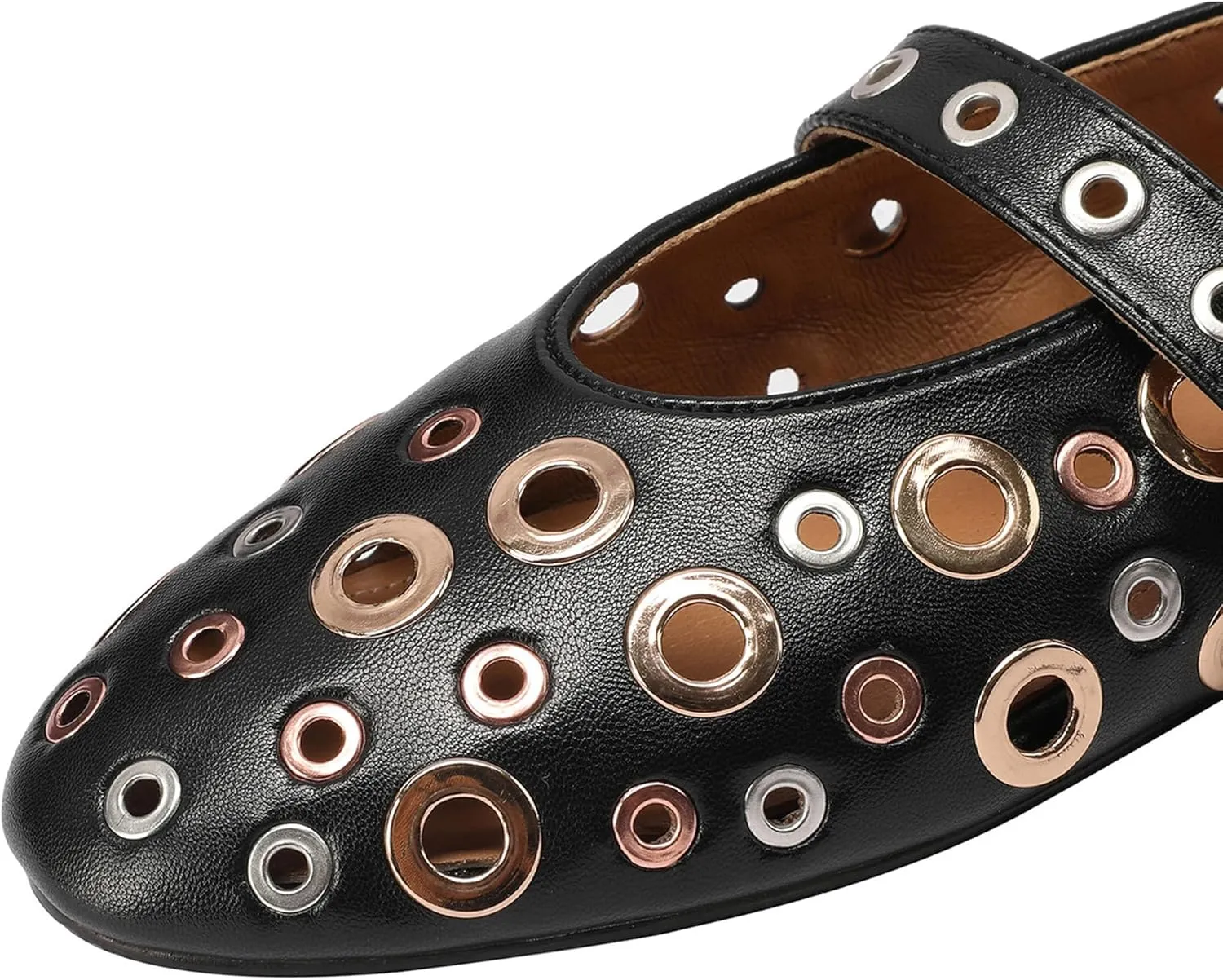 Women's Black Perforated Flat Shoes with Chunky Metallic Ring Embellishments Fashion Casual Loafers Comfortable Walking Slip-On