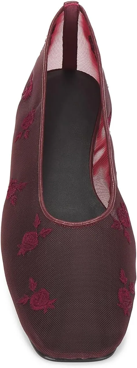 Women's Fine Mesh Ballet Flats - Square Toe Slip-On Embroidered Loafers, Fishnet Breathable Ballerina Shoes for Work, Casual, Daily Wear