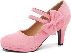 Women's Mary Jane Bow Heels Pumps Round Closed Toe Kitten Heel Double Ankle Strap Wedding Office Work Dress Shoes