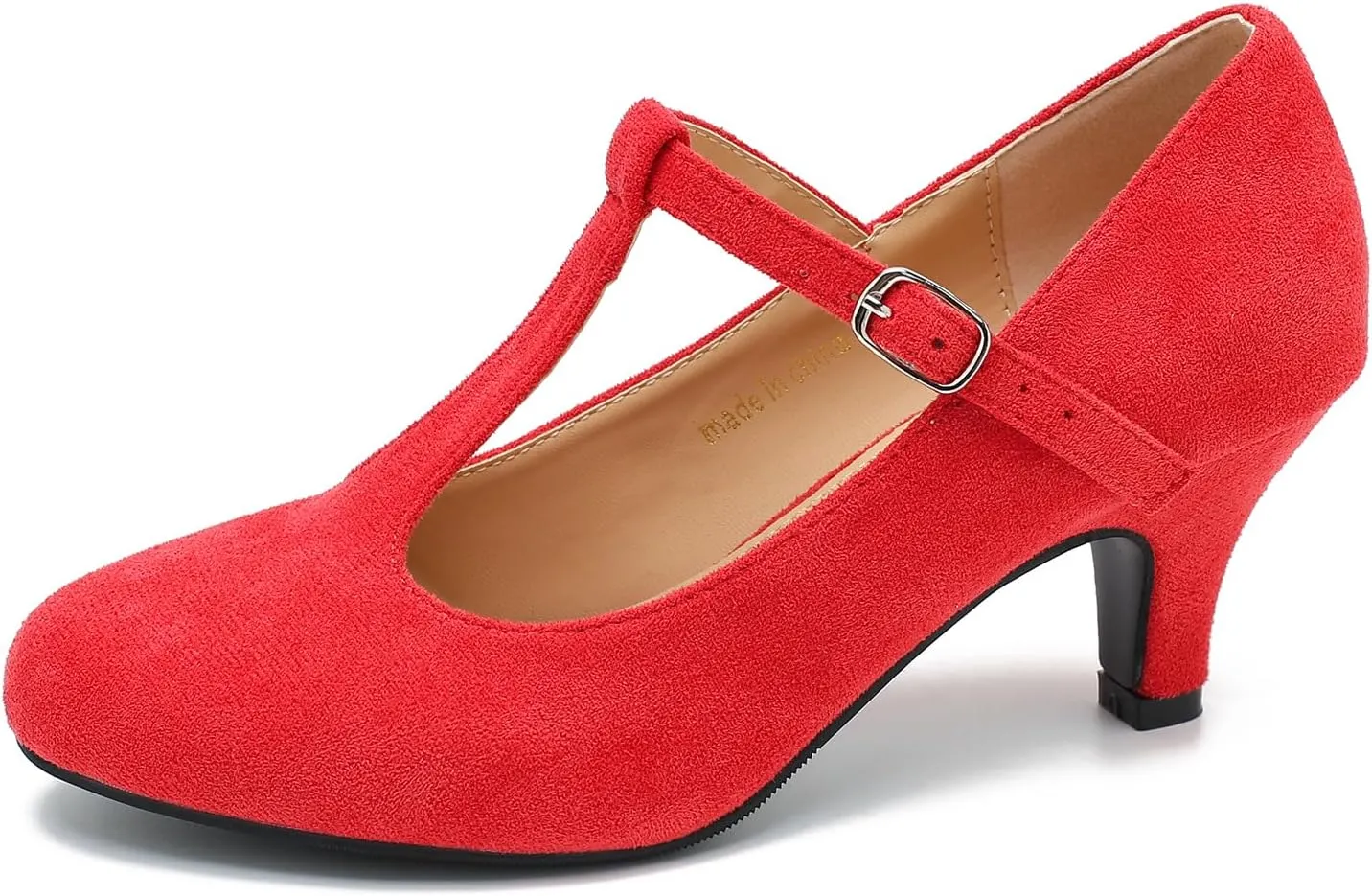 Women's Pumps Low Kitten Heels Mary Jane Retro T-Strap Comfortable Office Work Dress Shoes Red Velvet-40US 8