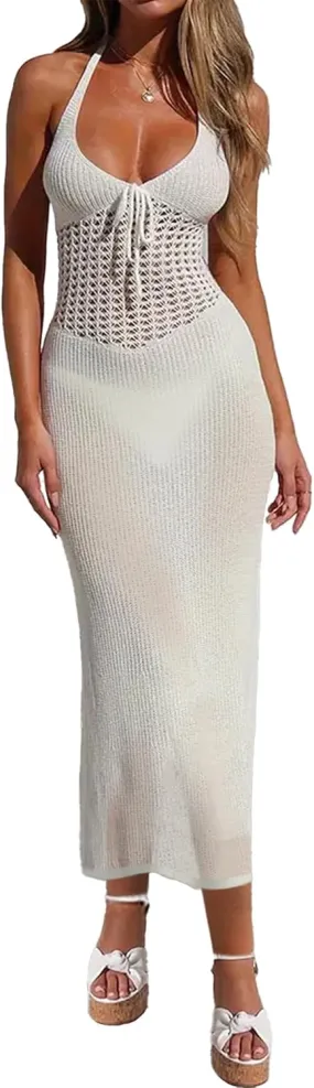 Womens Sexy Crochet Sheer Midi Dress Boho Casual Flowy Halter Tie Front Backless Slit Beach Swimsuit Coverup 2024