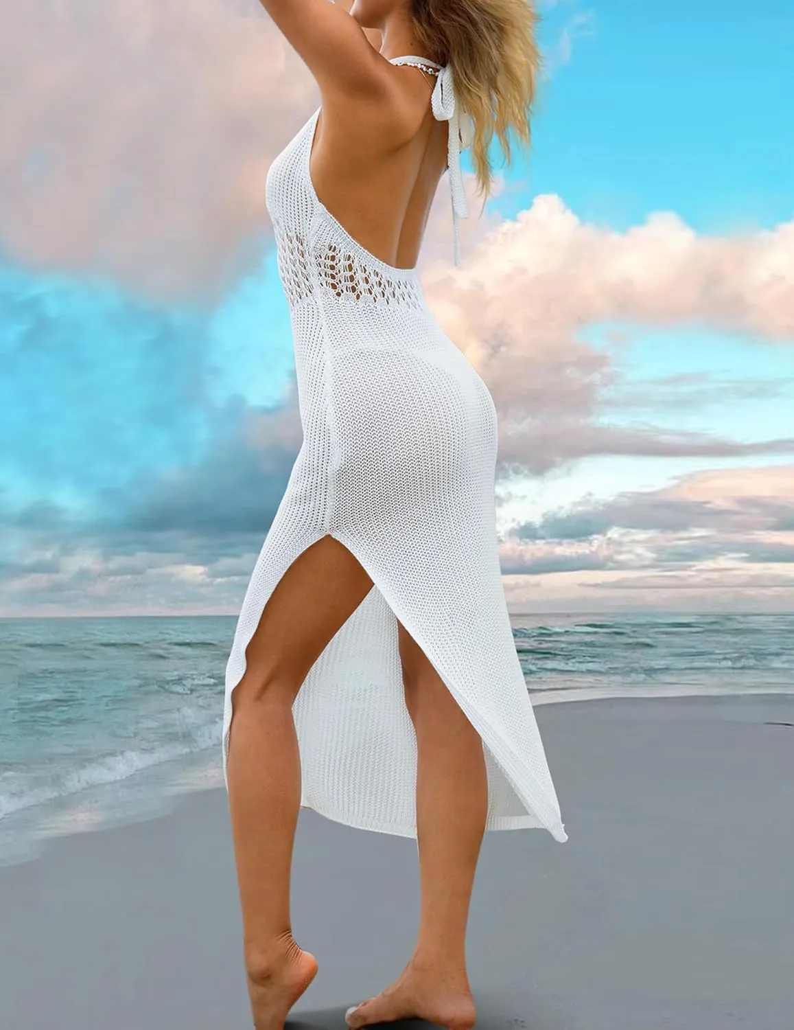 Womens Sexy Crochet Sheer Midi Dress Boho Casual Flowy Halter Tie Front Backless Slit Beach Swimsuit Coverup 2024
